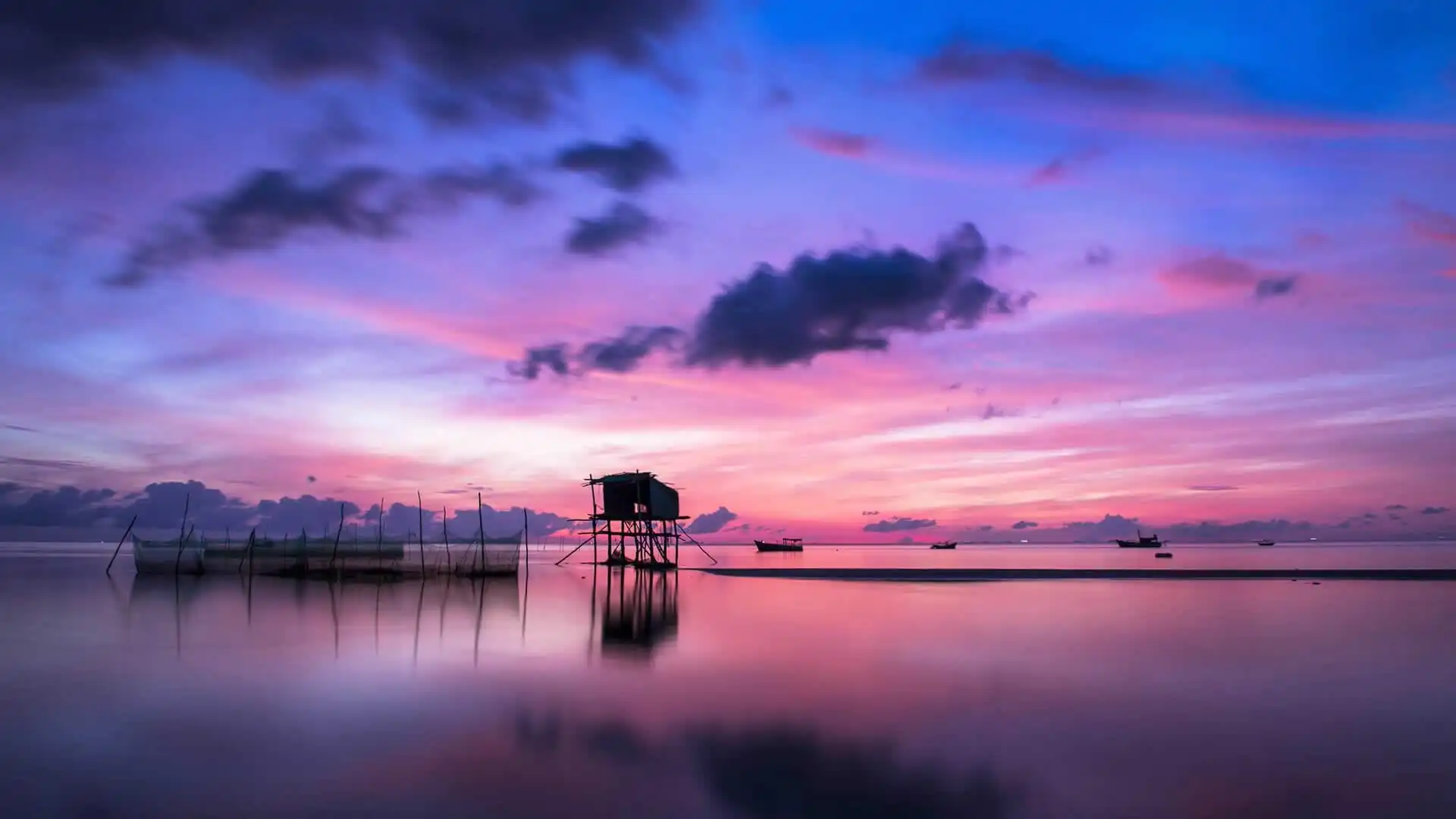 Purple Blue Water Sunset Boats Clouds